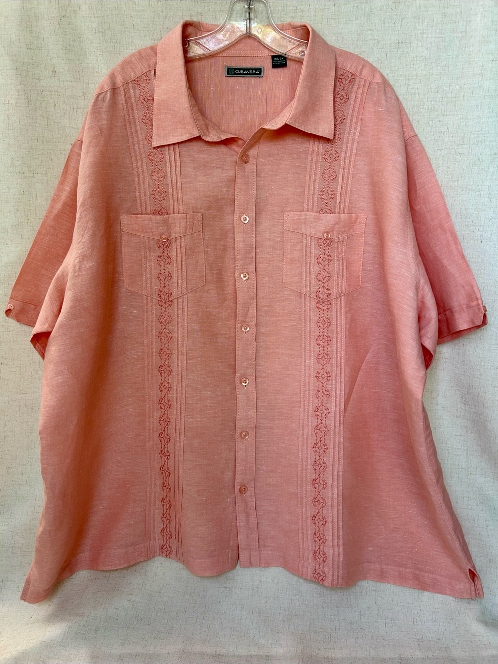 Cubavera Linen Blend Guayabera Shirt 3X Peach Short Sleeve Button Up